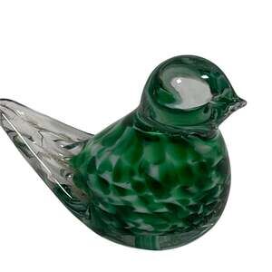 1990 Gibson Glass Bird Paperweight Green Feathered Speckled Clear Head 3" x 4"
